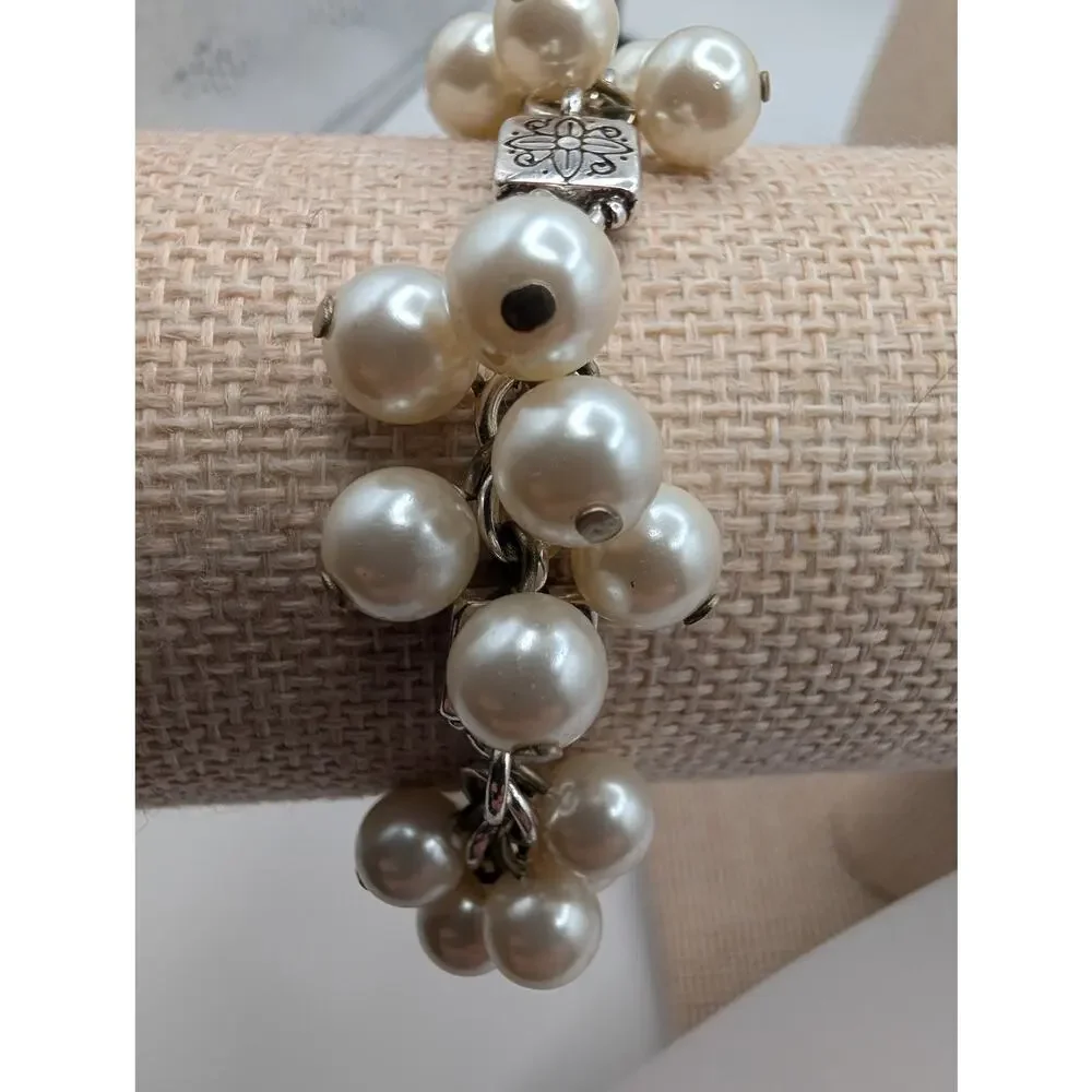 BrightonElegant Faux Pearl Cluster Silver Tone Bracelet Adjustable Lobster Clasp